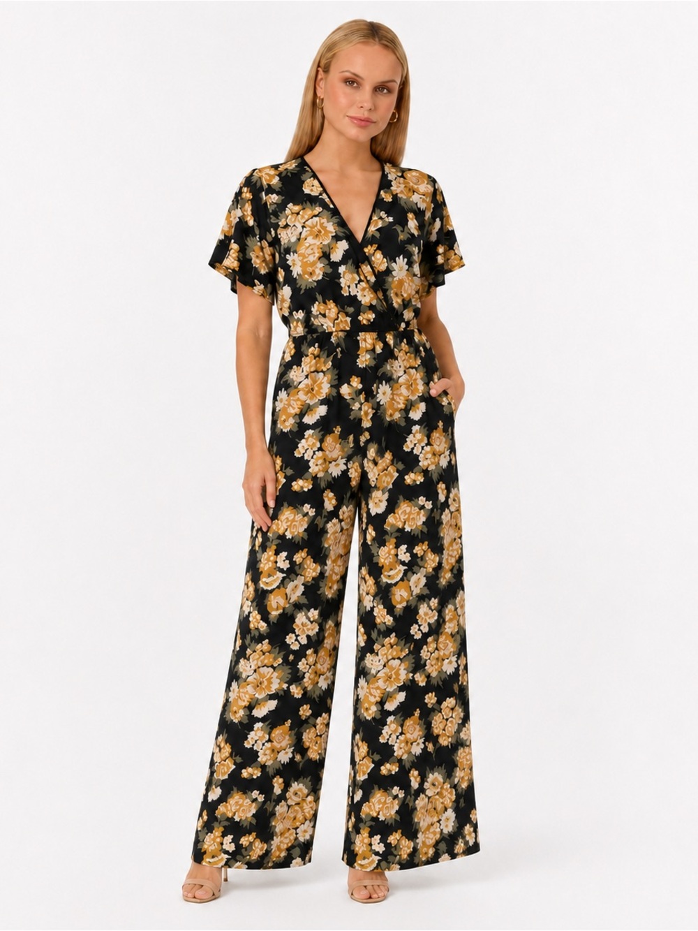 Xhilaration Floral Wide Leg Flutter Sleeve Jumpsuit Size Medium